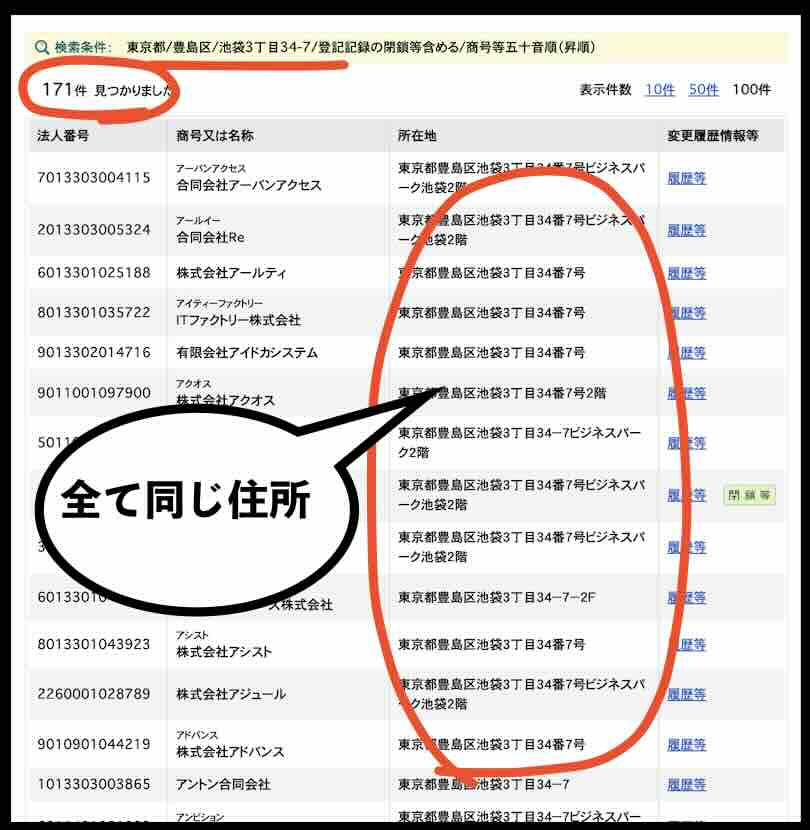 同じ住所で171件もヒット
